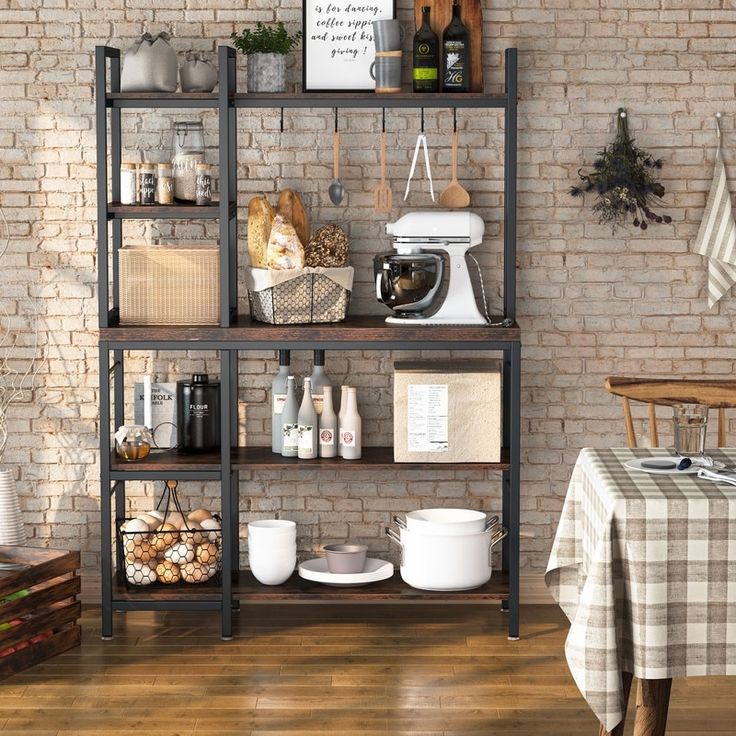 a brick wall with shelves filled with food