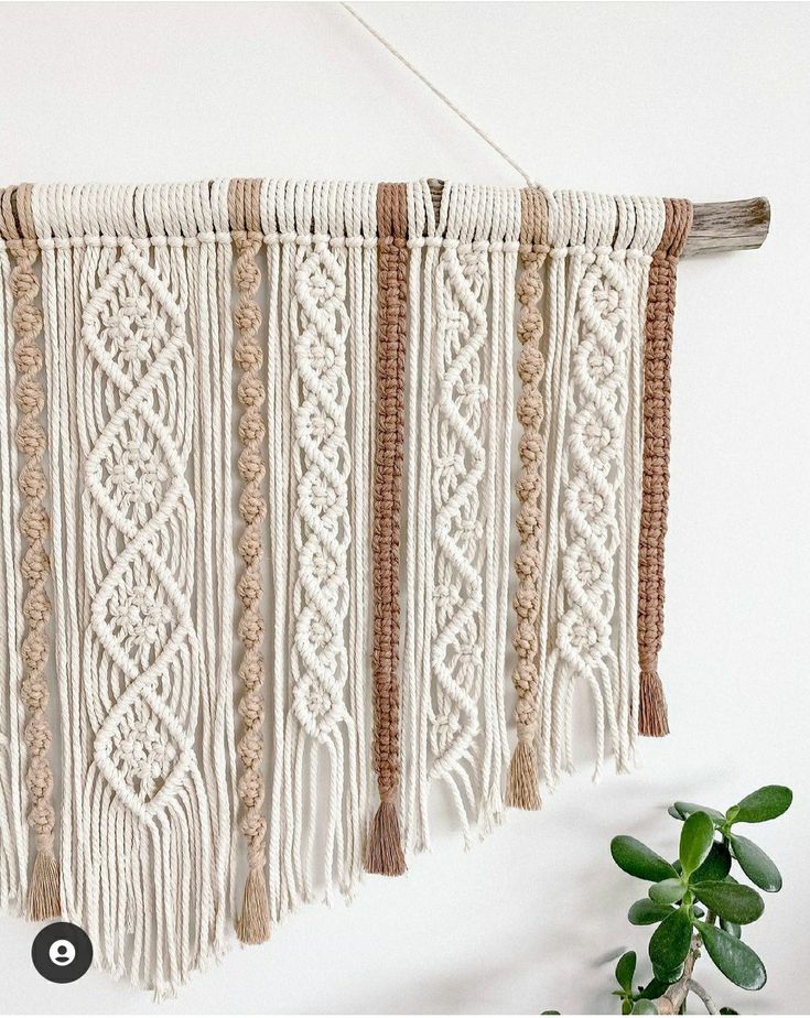 the wall hanging is decorated with white and brown crocheted yarn, along with a potted plant