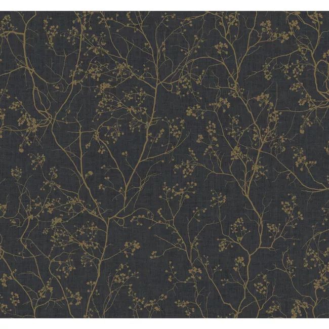 a black and gold wallpaper with small branches on the top, against a dark background