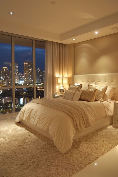 a large bed sitting in a bedroom next to a window with city lights on it