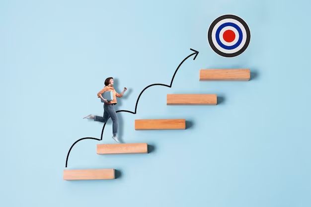 a woman is running up the stairs with an arrow and target above her head on a blue background