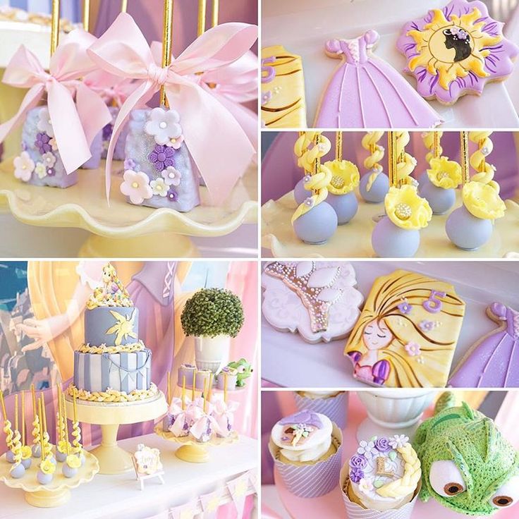 there are many different pictures of cakes and cupcakes on this table, including princesses