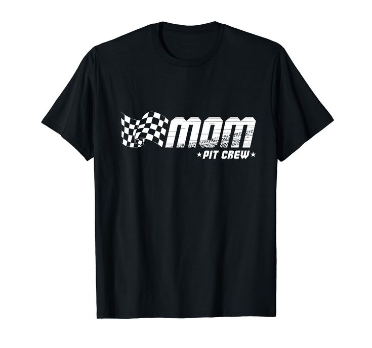 a black t - shirt with the word mom and checkered flag in white on it