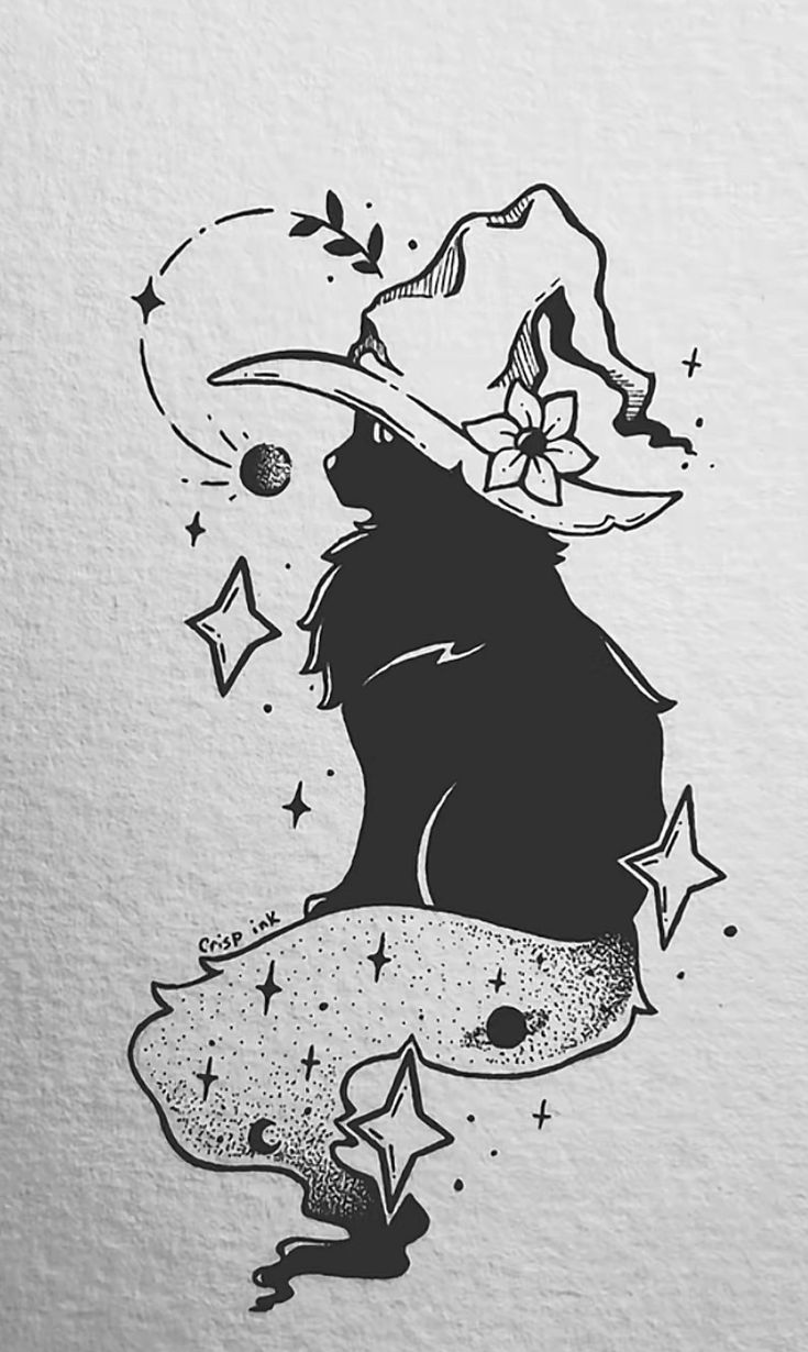 a black and white drawing of a witch's hat on top of a cat