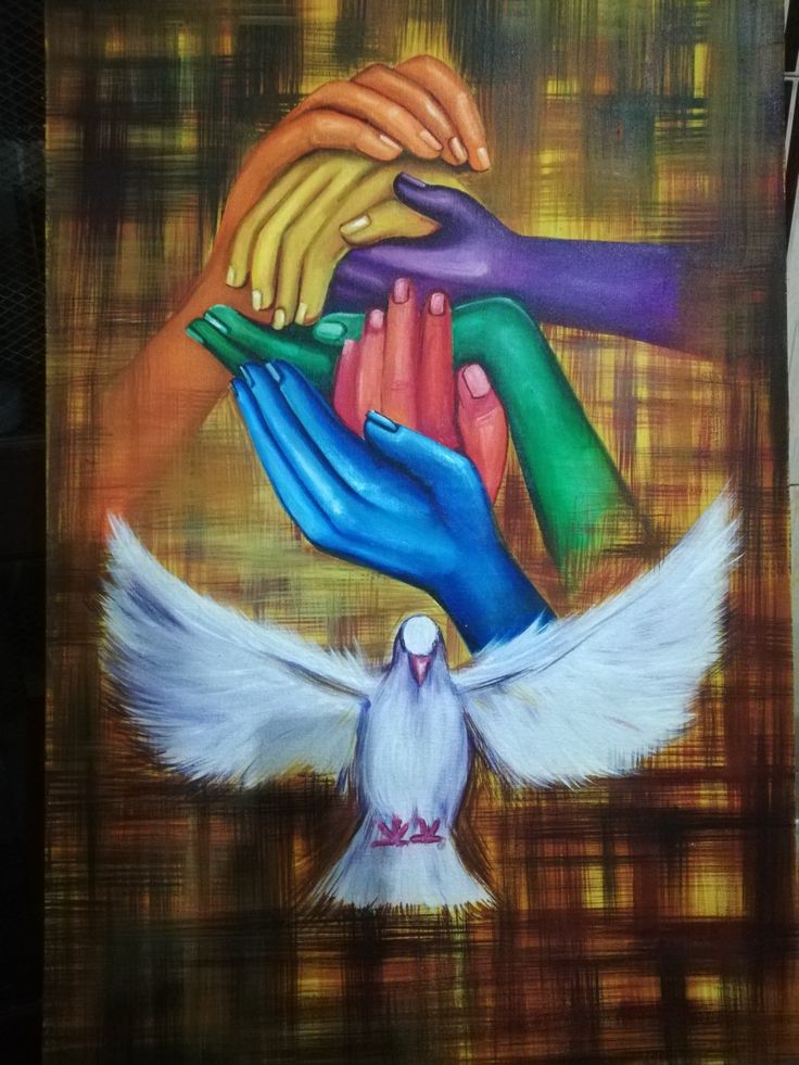 a painting of hands holding each other over a dove