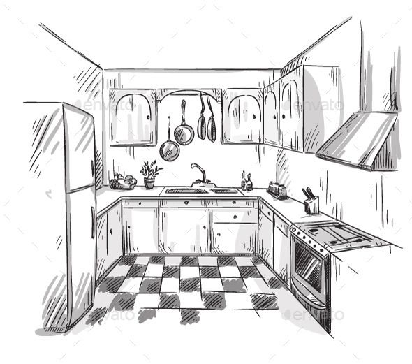 a drawing of a kitchen with black and white checkered flooring