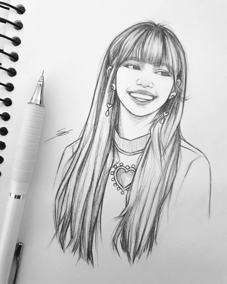 a pencil drawing of a girl with long hair and earrings on her head, next to a pen