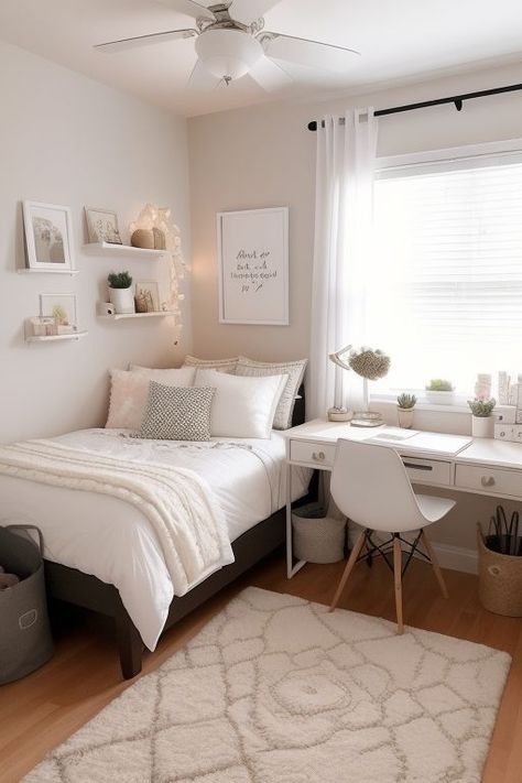 a bedroom with a bed, desk, and chair in the corner next to a window