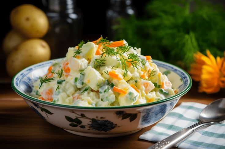 a bowl filled with potato salad next to some potatoes and carrots on a table