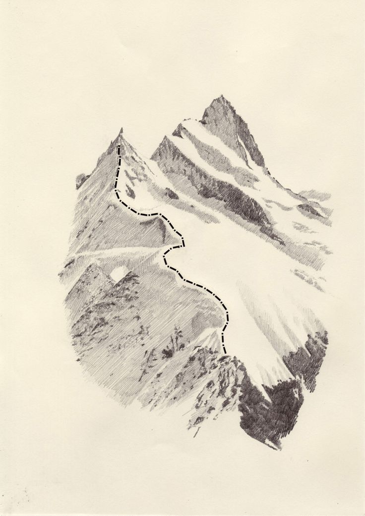 a drawing of a mountain with snow on it's sides and a trail in the middle