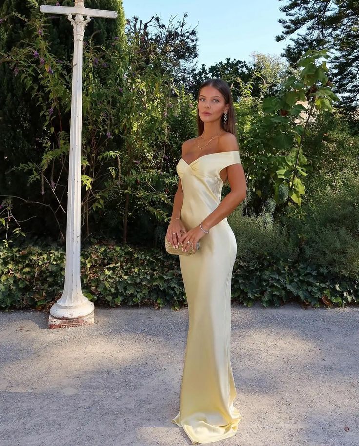 Off Shoulder Satin Bridesmaid Dress - Yellow - Aunomay Bright Weddings, Natalie Rolt, Fancy Stuff, Black Tie Wedding Guests, Yellow Bridesmaid Dresses, Classy Prom Dresses, Wedding Flower Girl Dresses, Prom Dress Inspiration, Ball Gowns Evening