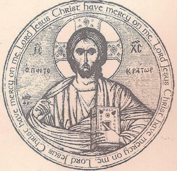 an old black and white drawing of jesus holding a book in his hands with the words christ have mercy on it