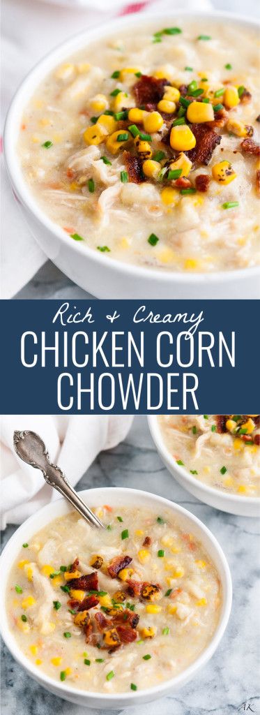 two white bowls filled with chicken corn chowder