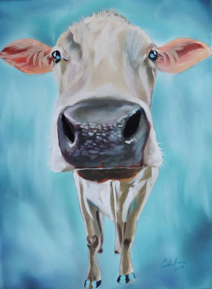 a painting of a cow's face on a blue background