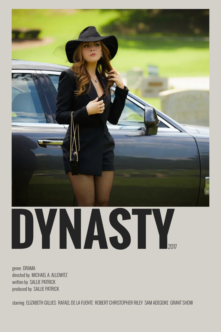 a woman standing next to a car wearing a black hat and dress with the word dynasty on it