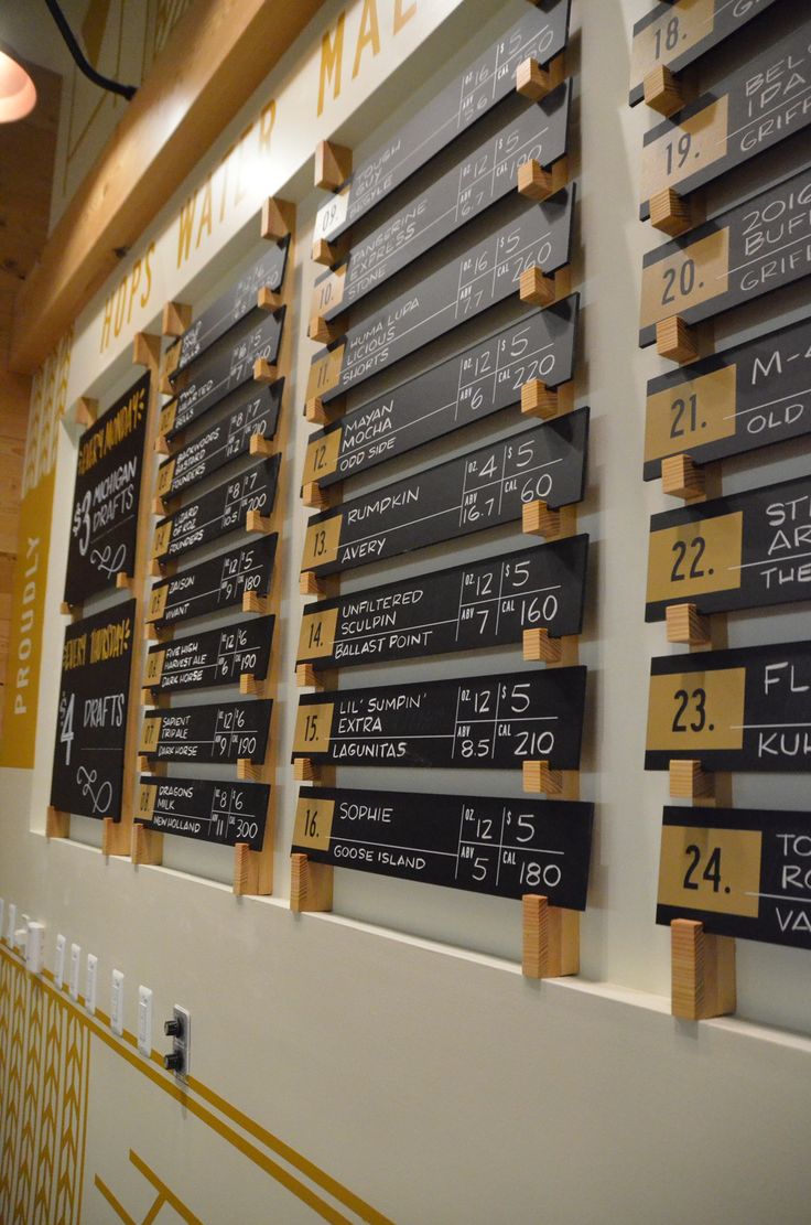 the wall is covered with black and white signs that are written in gold letters on them