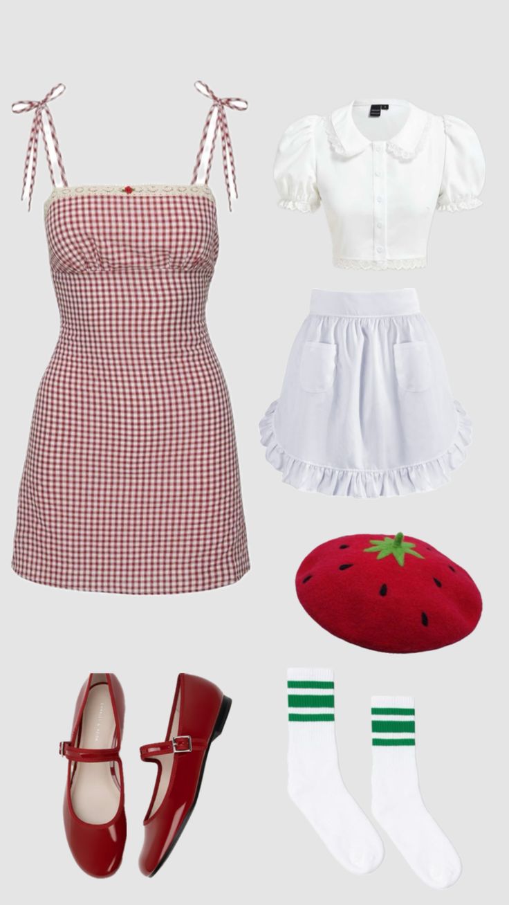 four different types of clothes and accessories including shoes, socks, dress, hat, purse