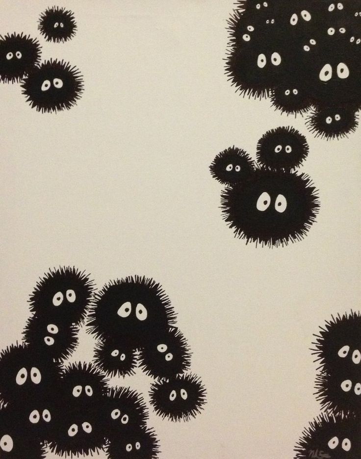 black and white wallpaper with lots of little monsters on it's face in the middle