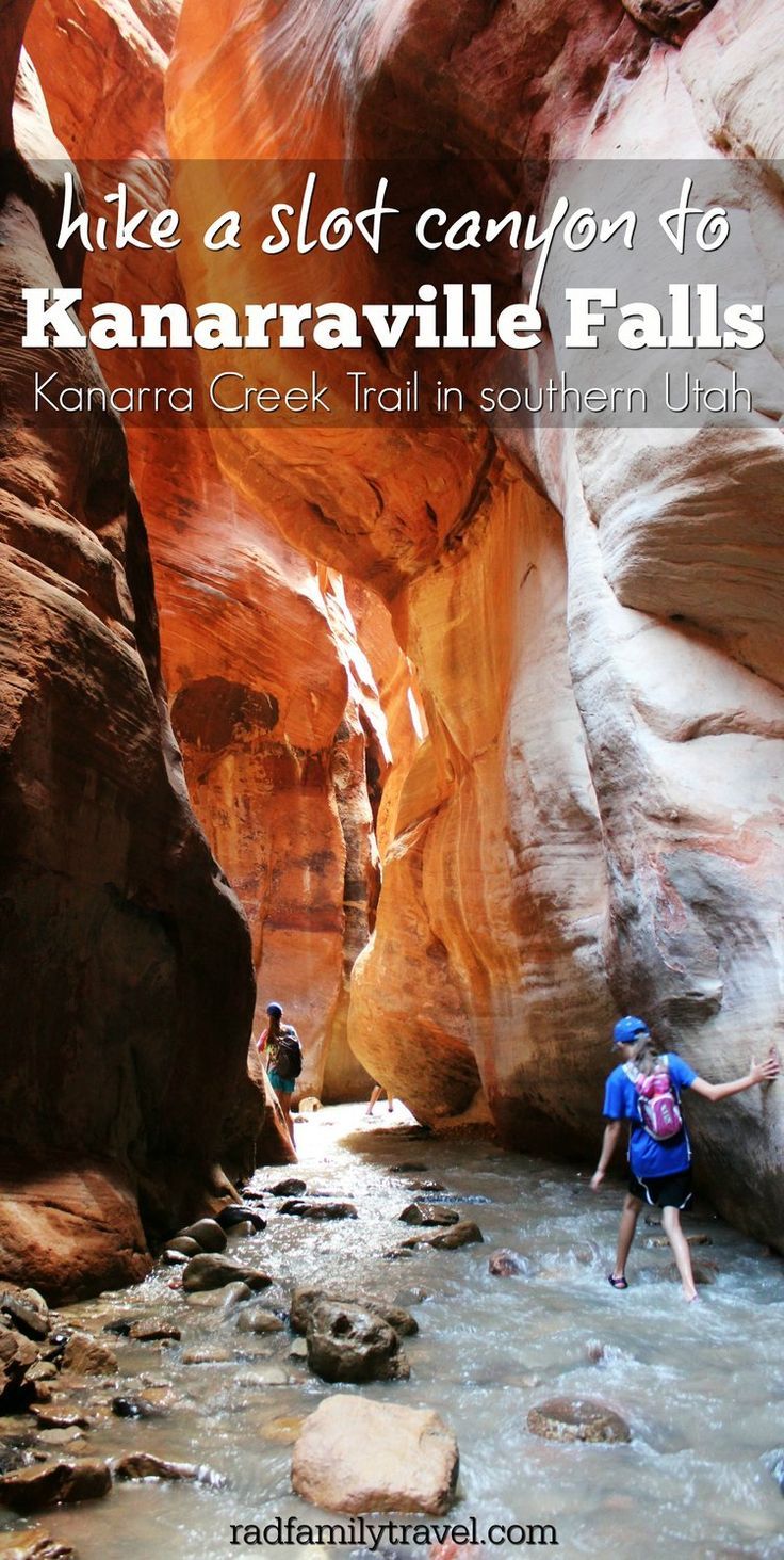 two people hiking through a narrow canyon with text overlay that reads hike a slot canyon to kannarville falls