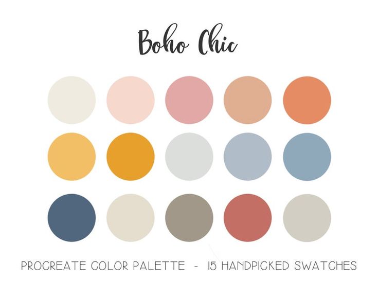 the color scheme for boho chii is shown in various colors and sizes, including peach