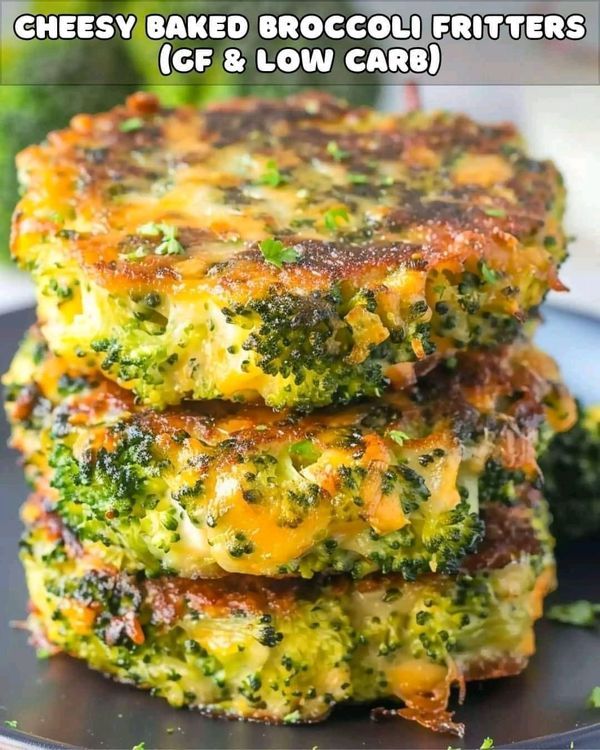 broccoli fritters stacked on top of each other with text overlay