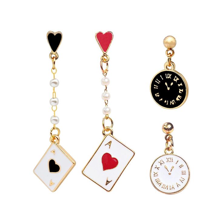 PRICES MAY VARY. 【Unique Style Infused with Poker Culture】These poker earrings bring together red clocks, heart A, black clocks, and spade A. It is based on the pocket watch of Mr. rabbit and the card of Queen of hearts in Alice's Adventures in Wonderland, creating a unique design. More than just accessories, these earrings interpret poker culture seamlessly into your everyday fashion. 【Mix and Match Versatility】Unlock countless style possibilities with four carefully curated mix-and-match combi Red Heart-shaped Novelty Jewelry, Valentine's Day Novelty Dangle Earrings, Valentine's Day Novelty Dangle Jewelry, Novelty Jewelry For Valentine's Day Party, Poker Earrings, Teen Halloween Party, Itsuka Kendo, Queen Of Heart, Descendants Dr