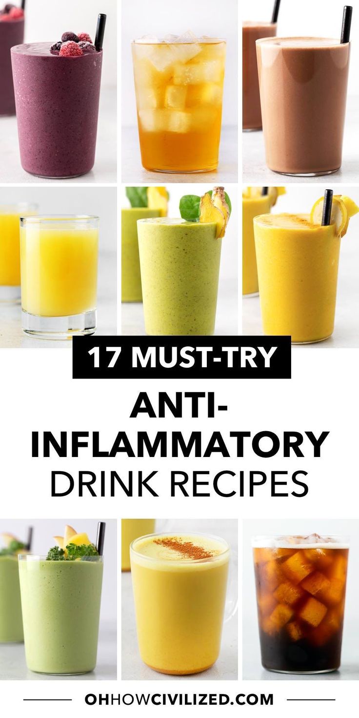 different types of drinks with text overlay that reads 17 must try anti - inflamatory drink recipes