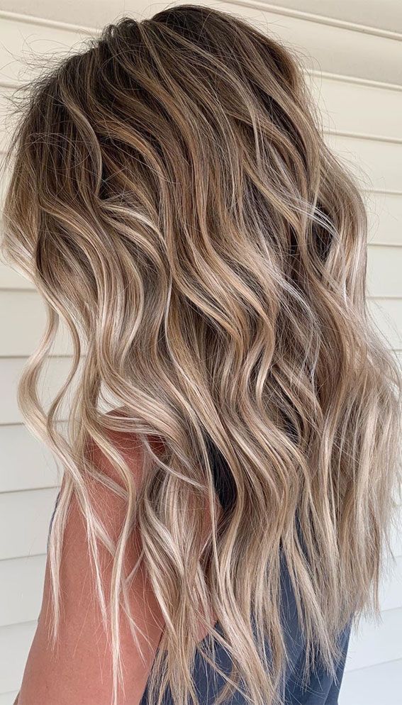 Blonde Highlights On Brown Hair Not Balayage, Light Brown To Blonde Highlights, Highlights Into Balayage Blonde, Dark Blonde And Brown Hair, Sandy Hair With Highlights, Brown Hair With Big Blonde Highlights, Mid Length Dimensional Blonde, Auburn Brown And Blonde Hair, Butter Cream Hair Color