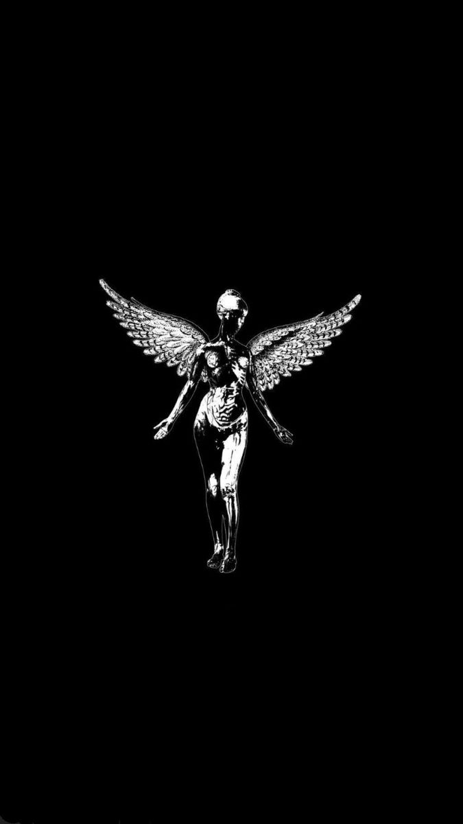 a black and white photo of an angel with wings on it's back, standing in the dark