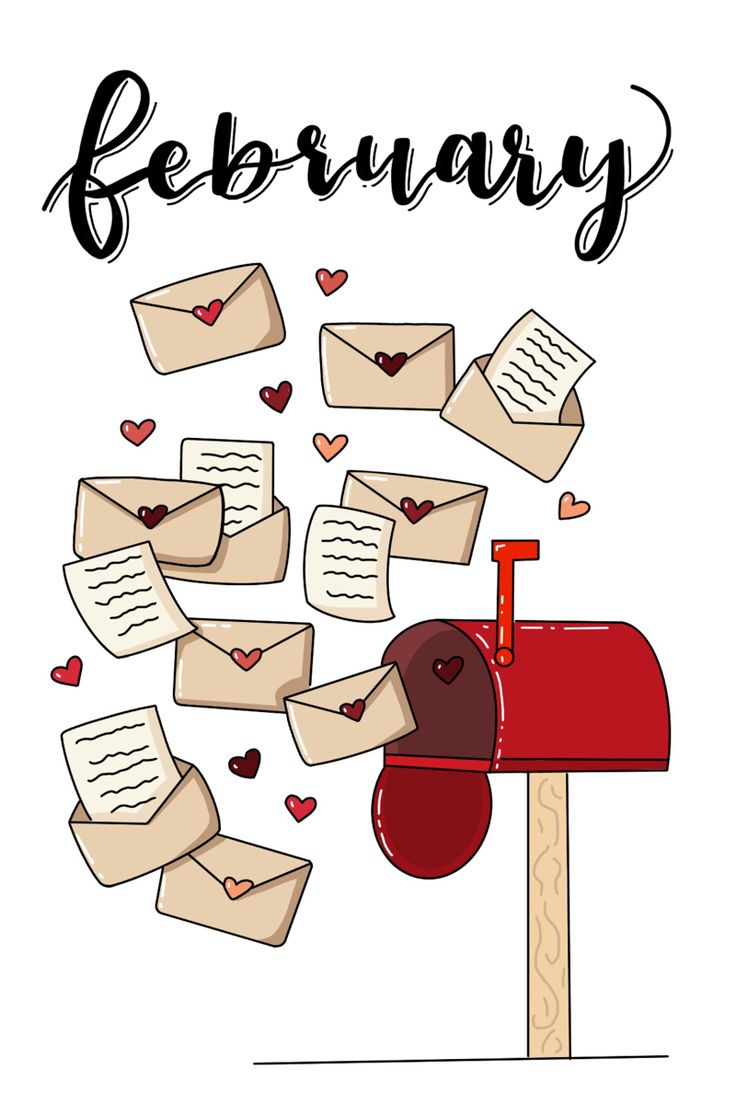 a red mailbox with hearts coming out of it and the words february written in black ink