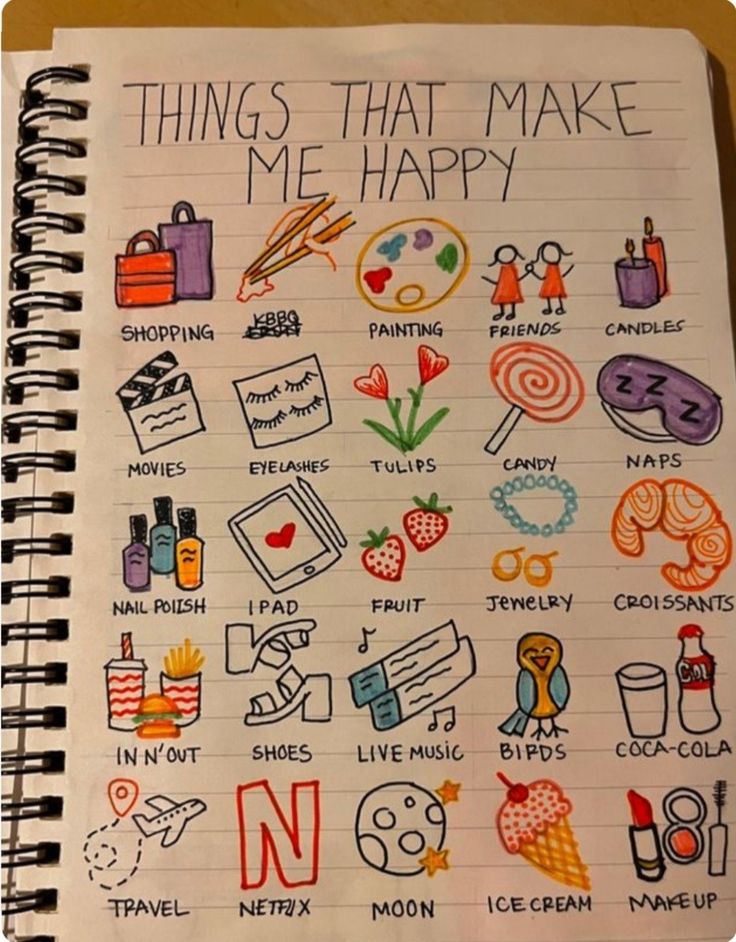 an open notebook with doodles on it and the words things that make me happy