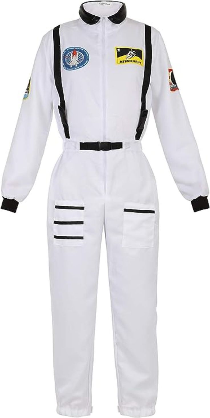 a white astronaut suit with black straps and patches on the chest, in front of a white background