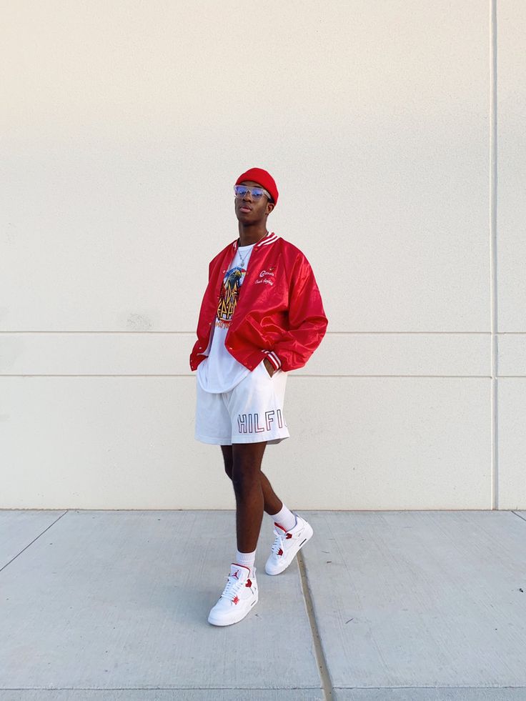 Red And White Casual Outfit, Red Sneakers Outfit Mens, Red Streetwear Outfit Men, Red And White Outfit Men, Red Streetwear Outfit, Red Hat Outfit, White Casual Outfit, Casual Outfit For Men, Trendy Mens Fashion Casual