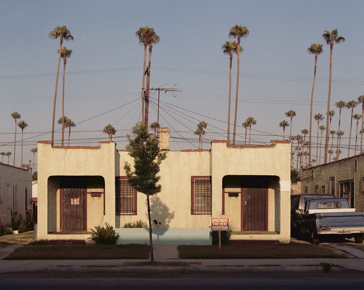 two buildings with palm trees in the background