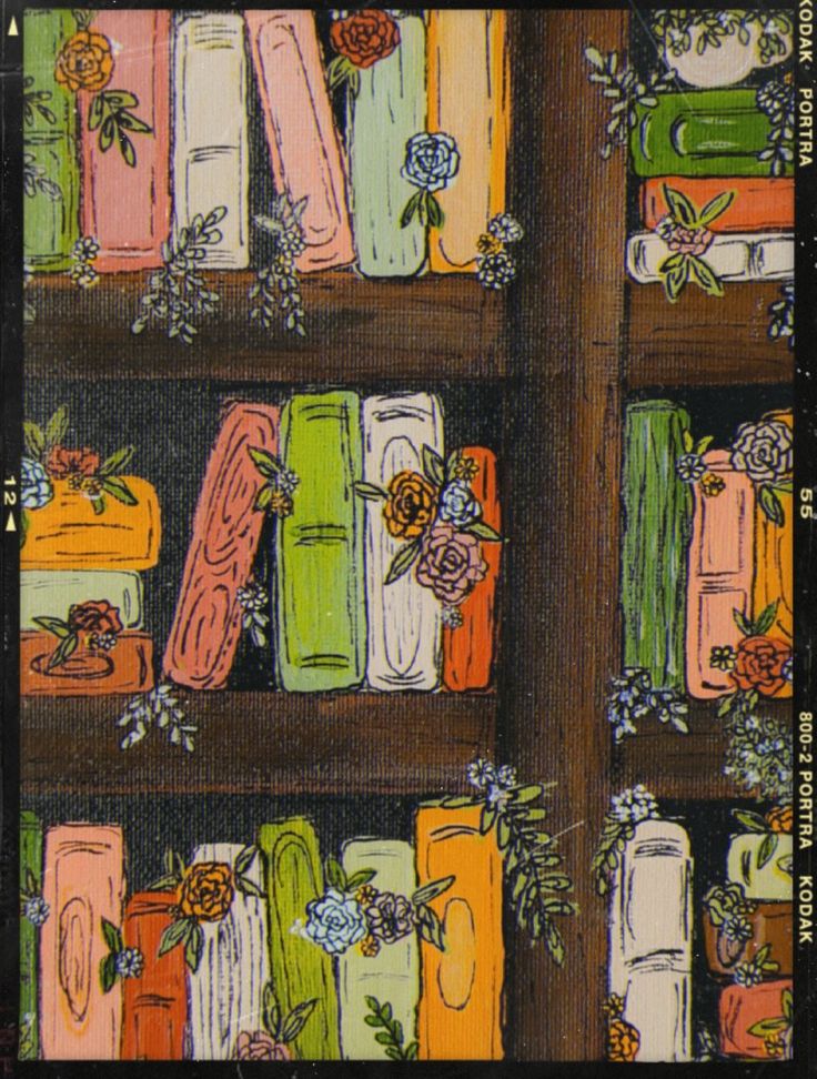 an image of books on a shelf with flowers painted on the bookcases in different colors