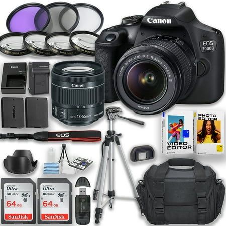 a camera with all its accessories including flash cards and other items