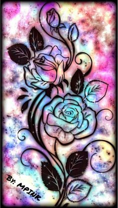 a drawing of two roses with swirls and stars in the background