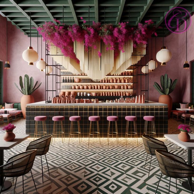 the interior of a restaurant with pink chairs and plants hanging from the ceiling over the bar