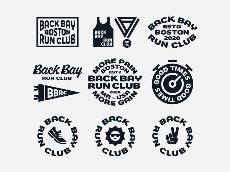 the back bay run club logo is shown in black and white, with different font styles