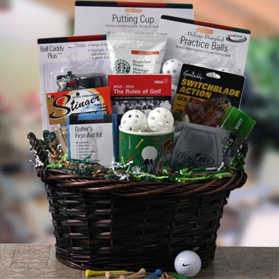 a basket filled with golf items on top of a table