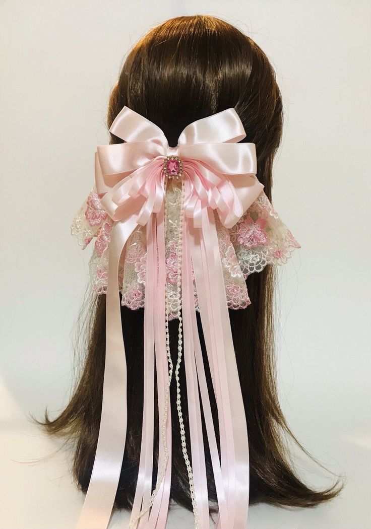 Kawaii Pink Hair Accessories, Cute Ribbon Bows, Pink And White Accessories, Ribbon Headpiece, Big Ribbon Bow, Coquette Ribbon, Cute Hair Clips, Pink Items, Ribbon Headbands