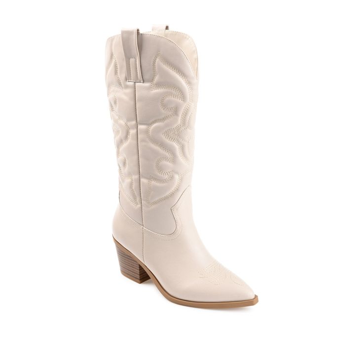 The Chantry boot from Journee Collection effortlessly blends Western flair with modern style. Featuring a pointed toe and a stacked 2 3/4-inch block heel, these boots provide a fashionable nod to the cowgirl aesthetic. With a convenient pull-on design, a 12-inch shaft height, and a 4 mm Tru Comfort Foam™ footbed, they offer both ease of wear and comfort, making them a chic addition to any wardrobe. Please refer to size chart for calf measurements. • Pointed-Toe • Pull-On • 4 mm Tru Comfort Foam™ Footbed • 12- in Shaft Height • 2 3/4- in Block Heel • Faux Leather Uppers All measurements are approximate and were taken using a size 6. Please note measurements may vary slightly by size. Silver Boots, Boots Beige, Boots Dress, Western Boots Women, Pointed Toe Boots, Dress Boots, Design Embroidery, Journee Collection, Cool Boots