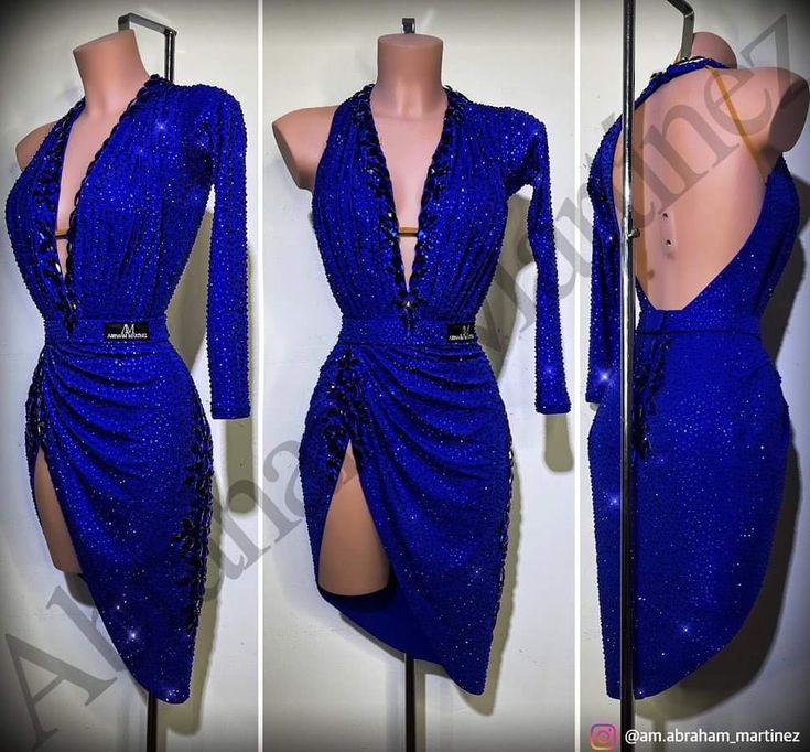 the dress is blue and has an open back, as well as high slits