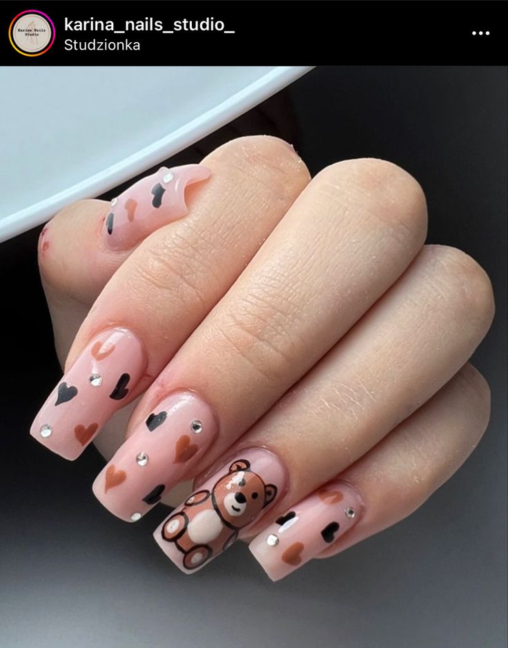 Teddy Bear Nail Art Tutorial, Teddy Bear On Nails, Teddy Bear Press On Nails, Teddy Bear Valentines Nails, Valentines Day Nails Teddy Bear, Blue Teddy Bear Nails, Teddy Bear Nails Designs, Nails With Bears On Them, Teddy Bear Acrylic Nails