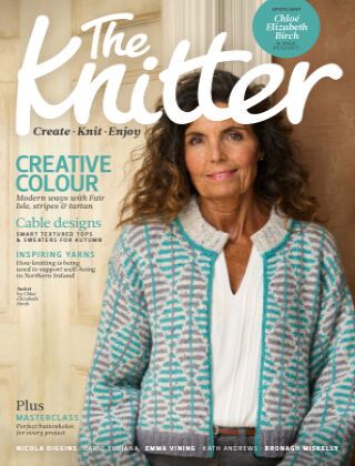 the knitter magazine cover featuring an older woman wearing a blue and white cardigan