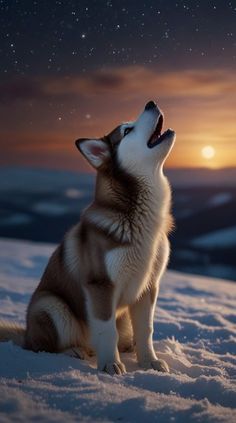 a husky dog sitting in the snow looking up at the night sky with stars above