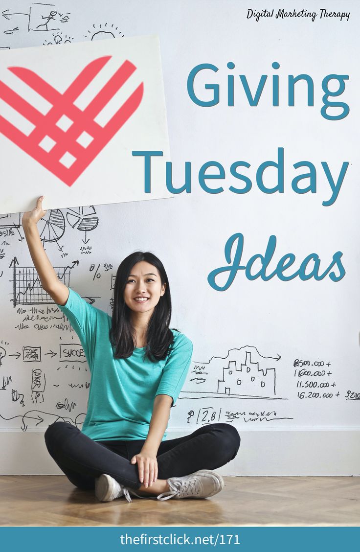 a woman sitting on the floor holding up a sign that says giving tuesday ideas in front of her