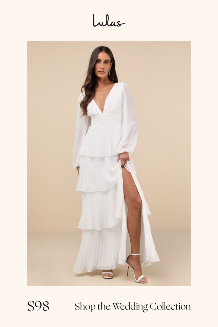 a woman in a white dress with the words shop the wedding collection