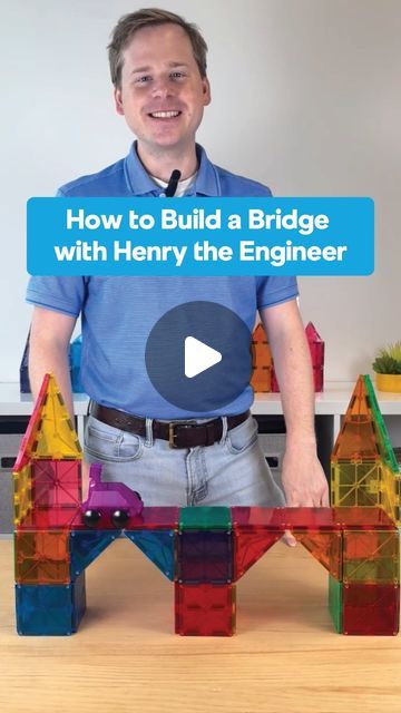 a man standing in front of a building made out of wooden blocks with the words how to build a bridge with henry the engineer