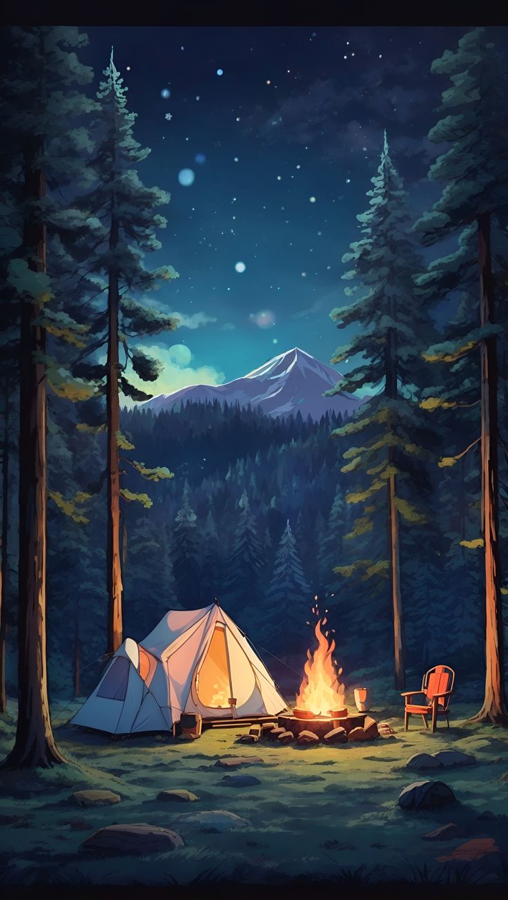 a tent is set up next to a campfire in the middle of a forest